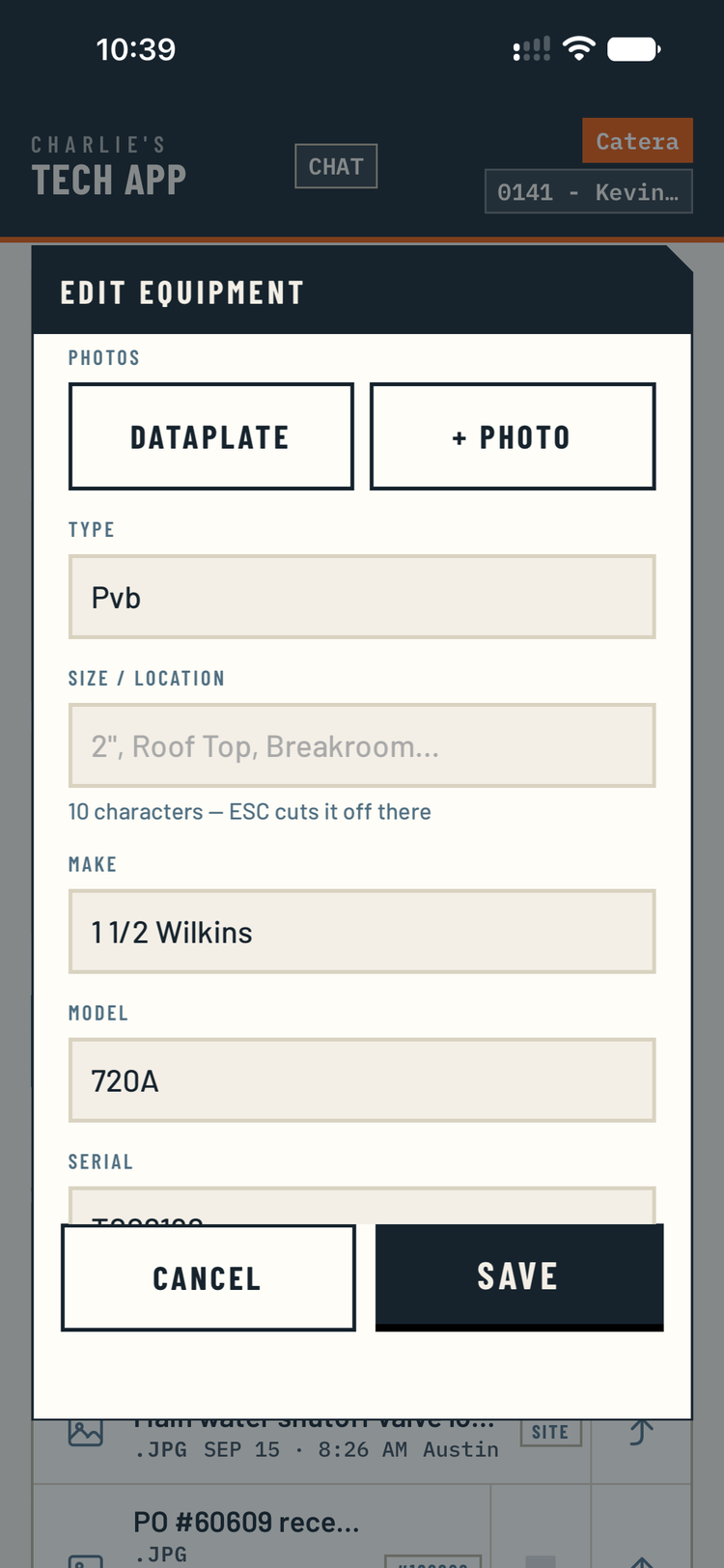 Editing an equipment record: type, size and location, make, model and serial.
