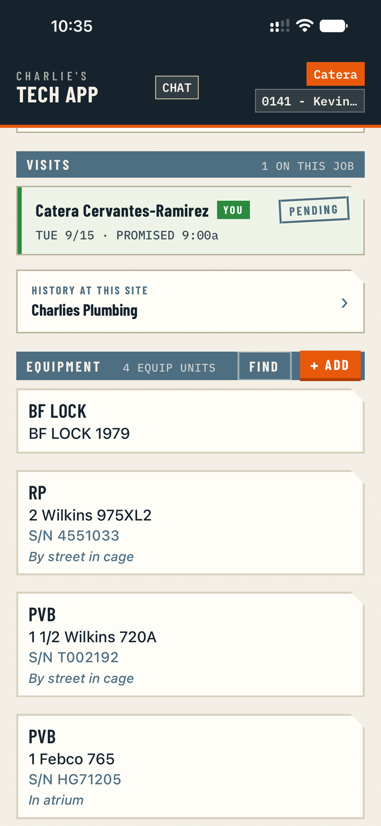 The equipment installed at a site, listed on the technician's job screen.