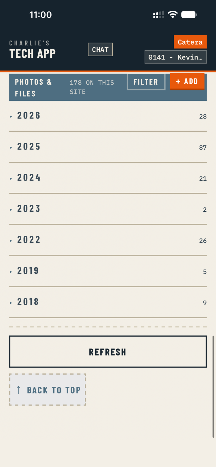 Site photographs on the job screen, banded by year going back several years.
