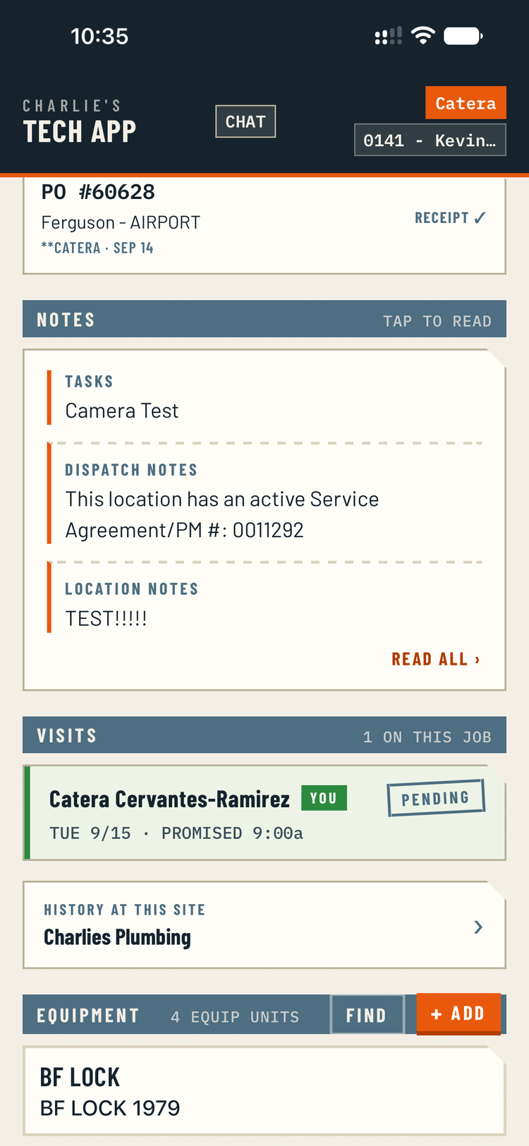 The job screen showing tasks, location notes and dispatch notes together.