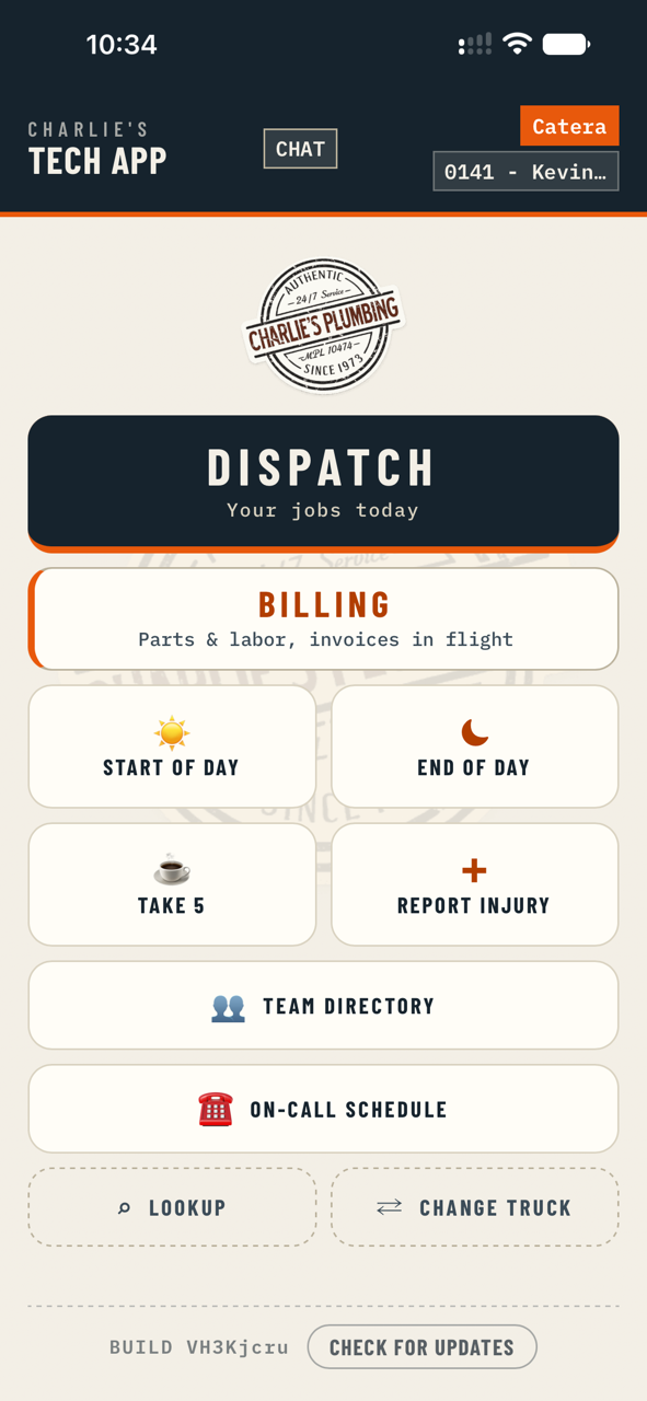 The ServiceProof home screen on a phone: dispatch, billing, start and end of day, team directory and on-call schedule.