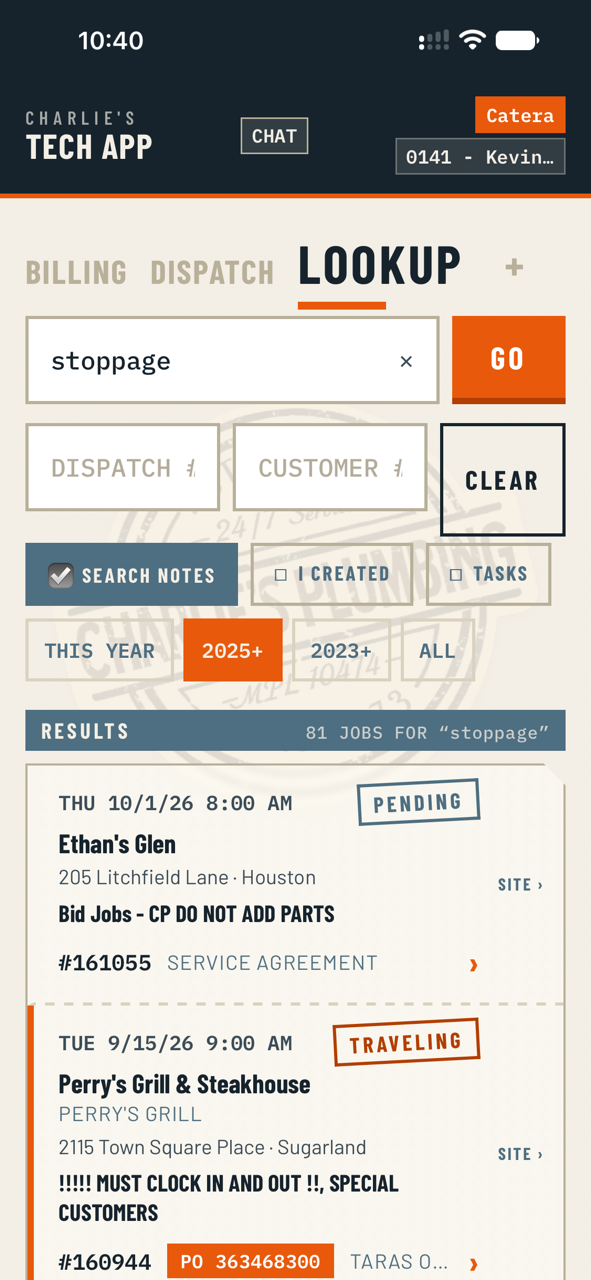 Search results across years of job history, found from a phrase in a note.
