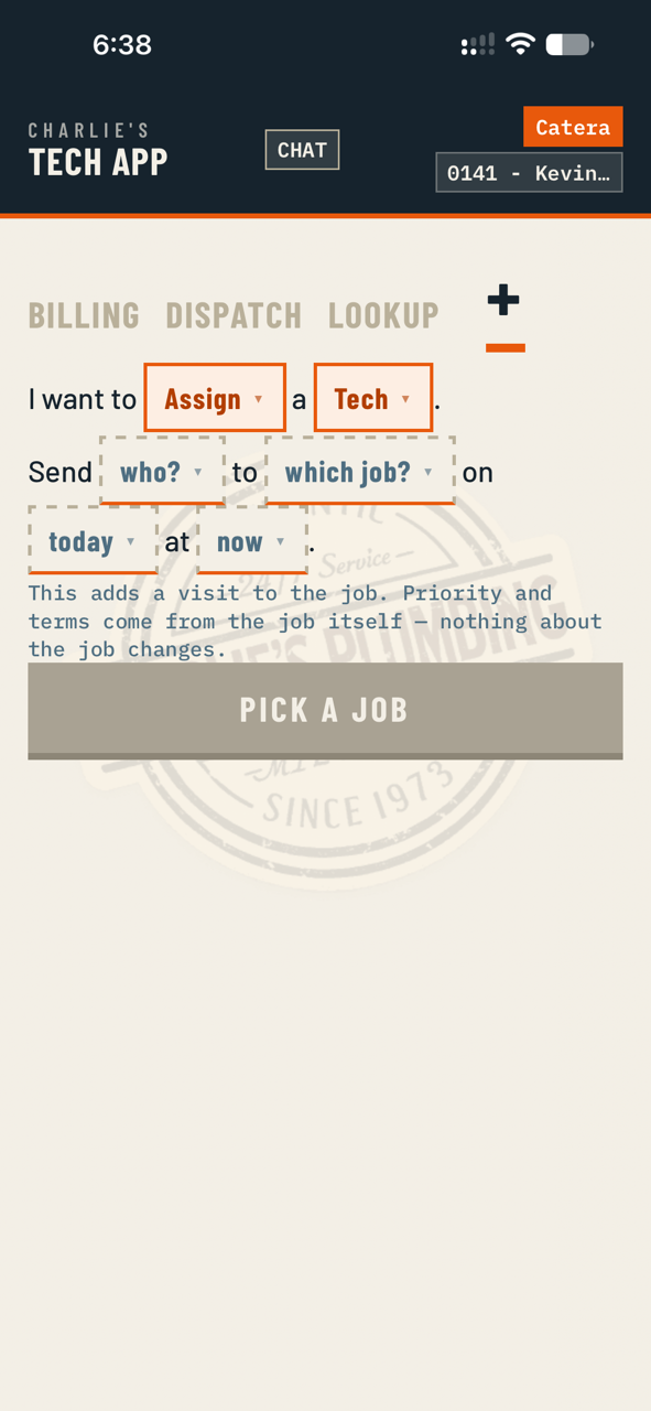 A blank madlib sentence for assigning a technician, with each blank waiting to be tapped.