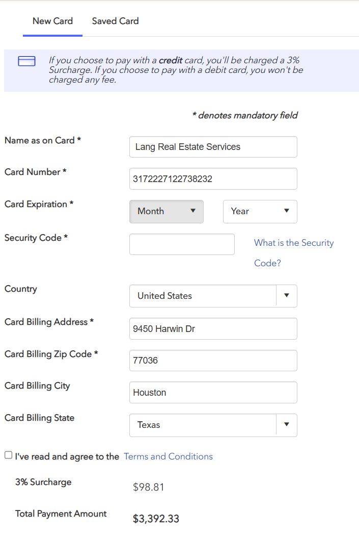 The payment form telling the customer a credit card carries a 3% surcharge and a debit card carries no fee, with the surcharge and total shown before they pay.