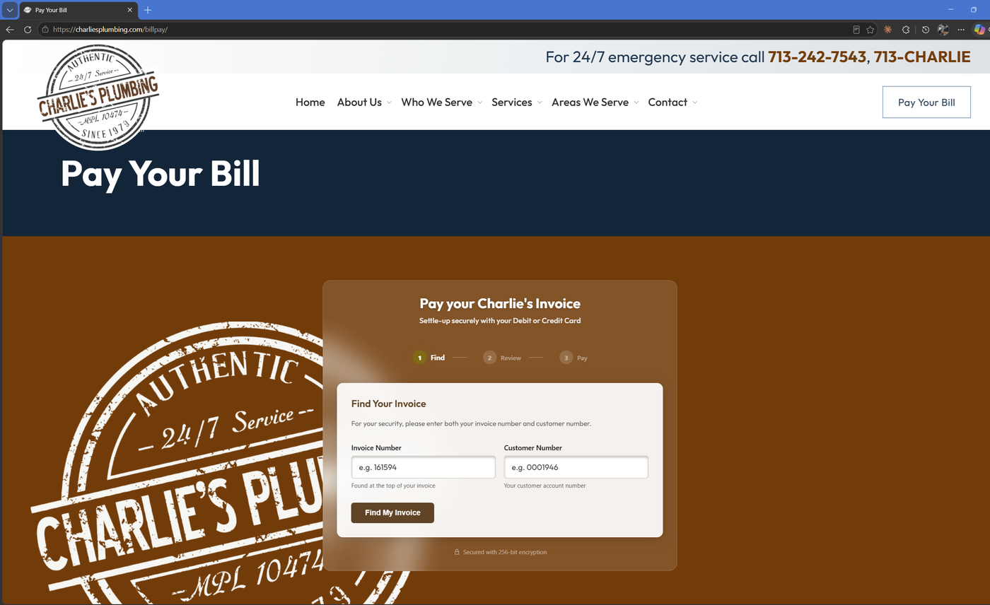 A Pay Your Bill page on a contractor's own website, branded to them, asking for an invoice number and customer number.