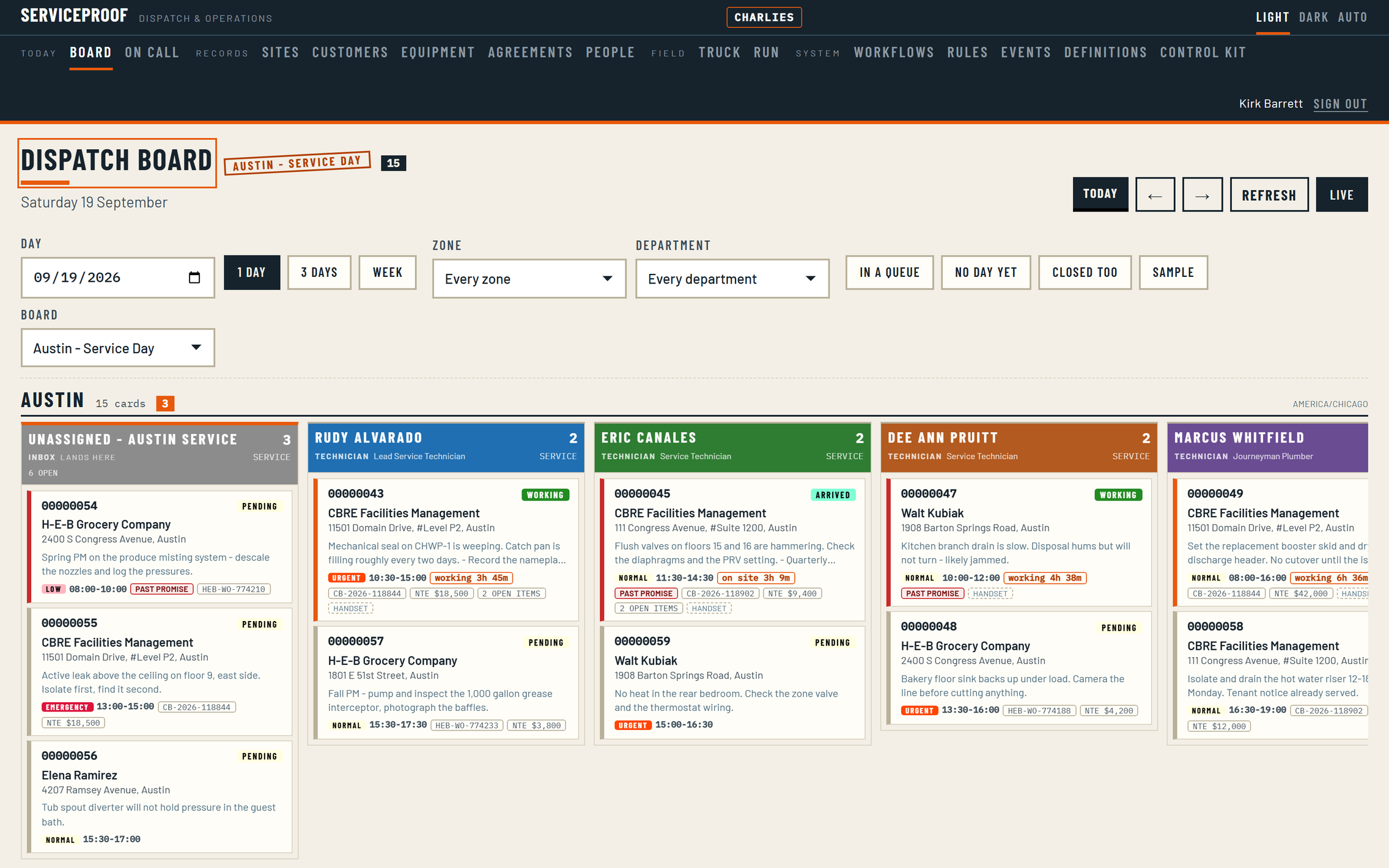 The ServiceProof dispatch board: a zone lane with an unassigned inbox column and a column per technician, each holding live job cards with status, promise window and value.