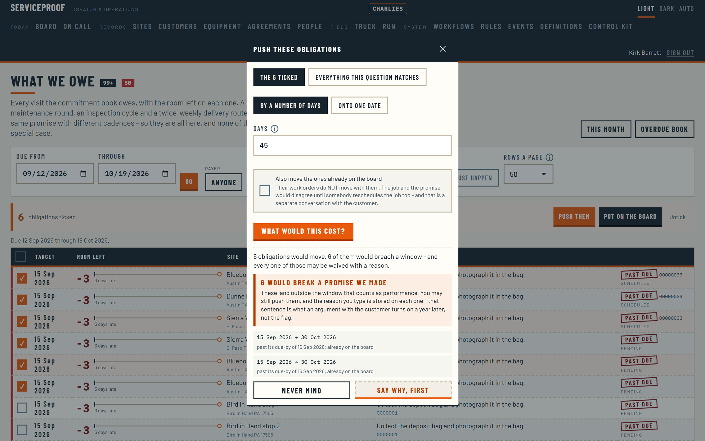The push-obligations dialog showing a breach preview: six commitments would move, all six would land outside the window that counts as performance, and a reason must be typed before the push is allowed.
