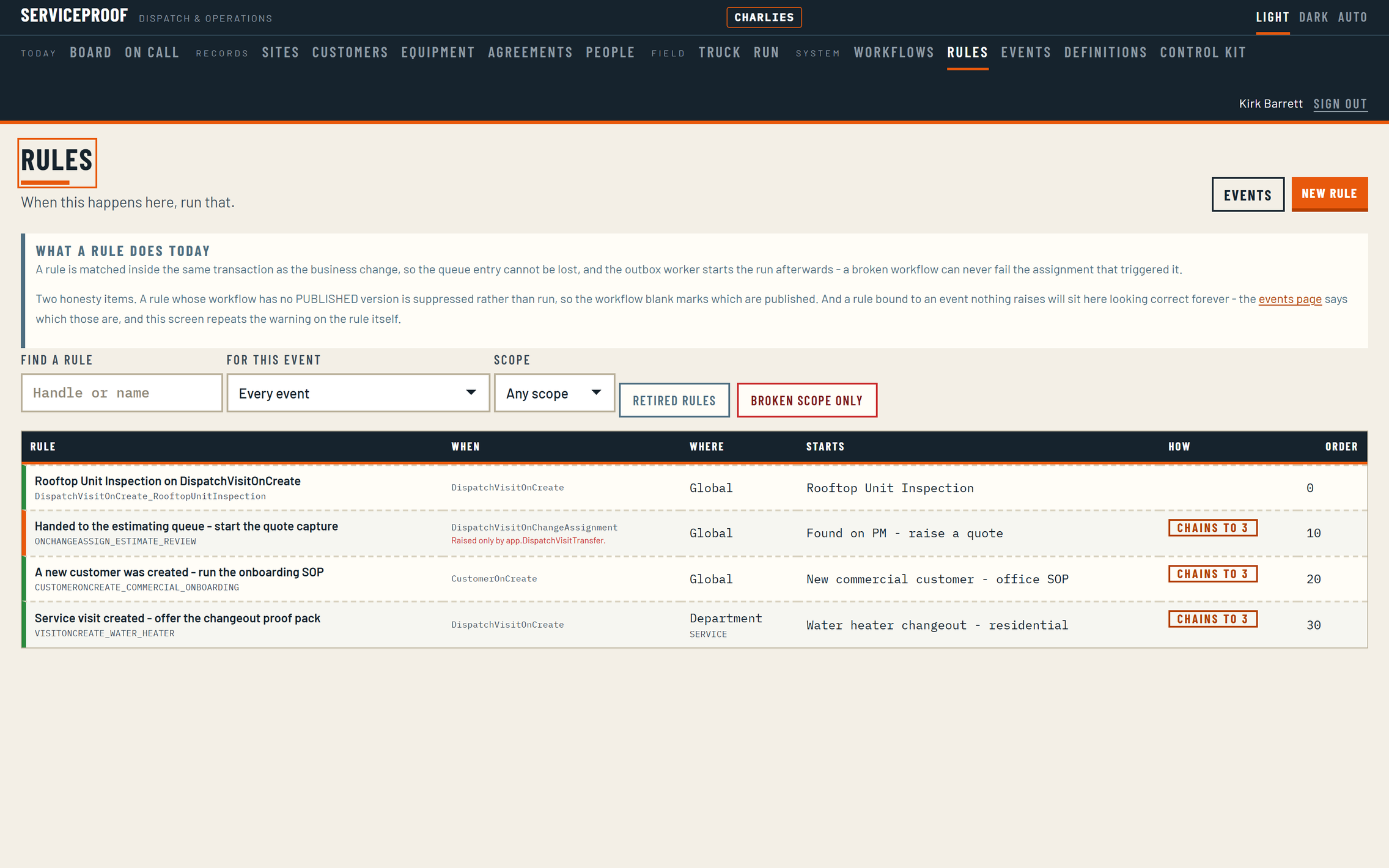 The rules screen: each row is an event, a scope, and the published workflow it starts, including a rule that hands a job to the estimating queue.