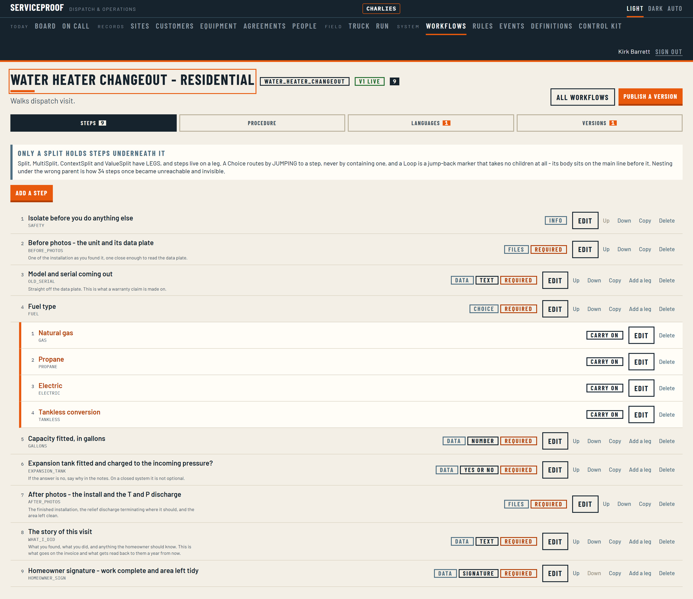 The Found on PM workflow in the builder: the steps a technician walks when they find work outside the scope of a maintenance visit, ending in the capture that hands the job to the estimating queue.