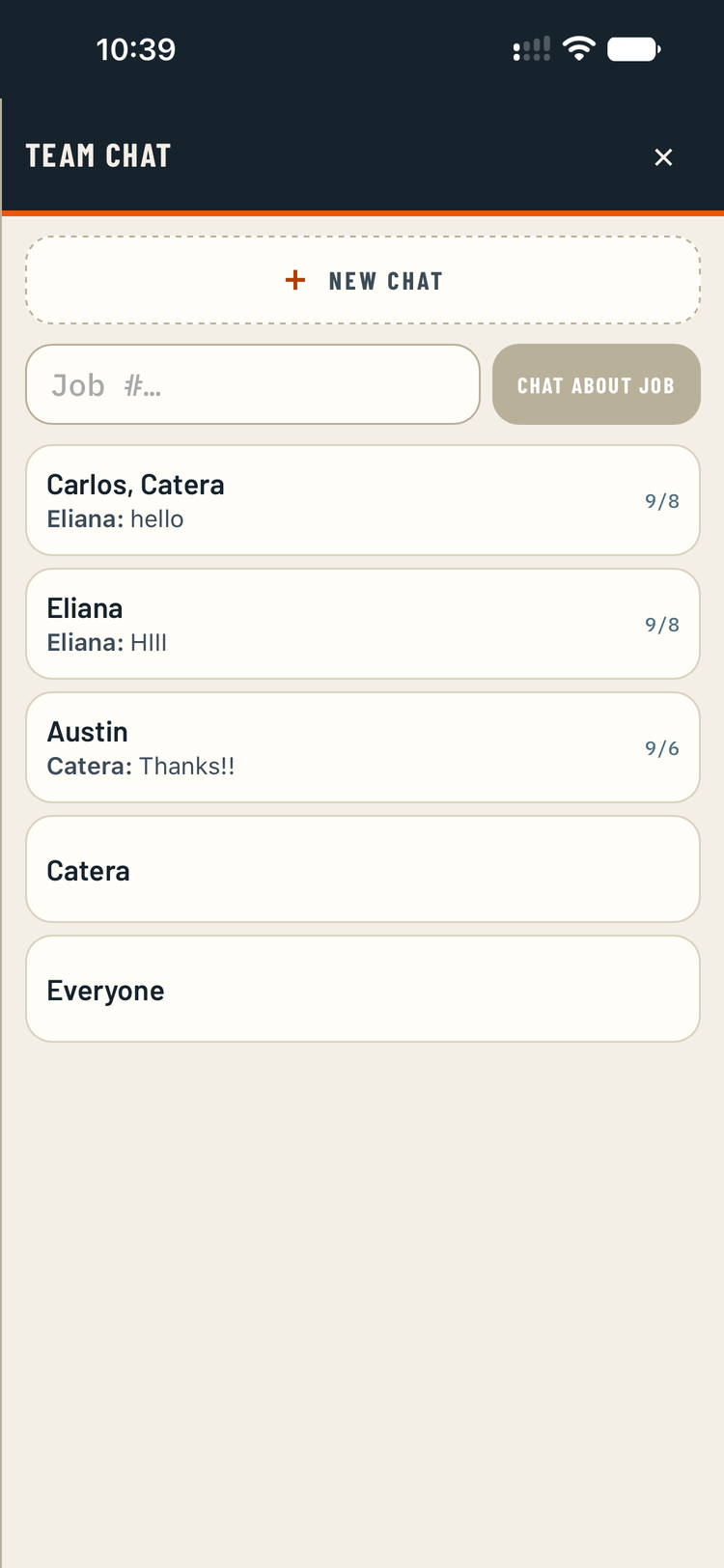 Team chat on the phone with a Chat about job option and an AI job intelligence entry point.